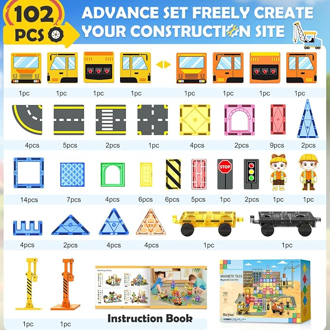 Soyee 102 PCS Magnetic Tiles with 2 Cars & 2 Cranes | Magnet Construction Building Kids Toys for Creative Play and STEM Learning Boys Toys & Gifts for 3-12