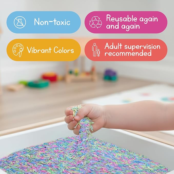 Pastel Rainbow Sensory Play Rice for Kids, 2 lbs – Spring-Themed Sensory Bin Filler for Scooping, Pouring, Sorting & Creative Play – Perfect for Sensory Tables & Fine Motor Play – Ages 3+