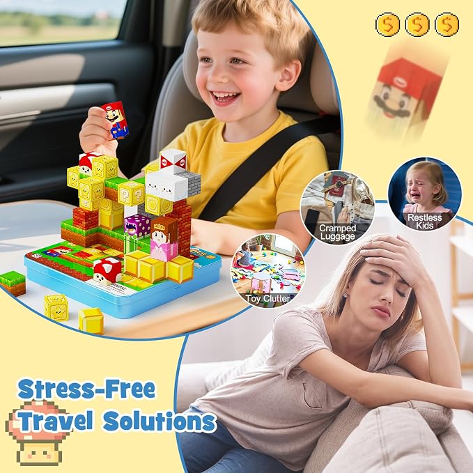 Travel Magnetic Blocks Kids Toys: 49 PCS Mini Magnets Cubes with Iron Box | Compact Play Base for Car Activities & Road Trips Games - Airplane Essentials STEM Learning Toys for Toddlers Kids Ages 3-8