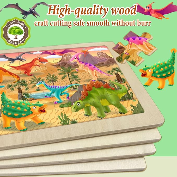 Wooden Puzzles for Kids Ages 4-6, 4 Pack 24 Pcs Toddler Puzzles Set for Ages 3-5, Early Educational Brain Teaser Toys Gift for Boys Girls 3 4 5 6 7 8 (Dinosaur, Space, Animal, Farm)