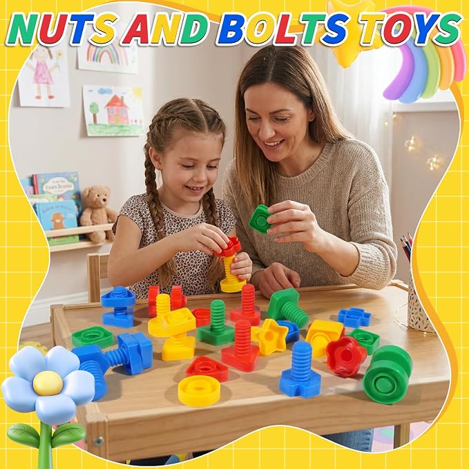 Bbiamsleep 40 Pcs Plastic Nuts and Bolts for Kids Fine Motor Skills(Random) | Nuts and Bolts Toys Shapes Color Matching Toys for Sorting Counting Training Preschoolers