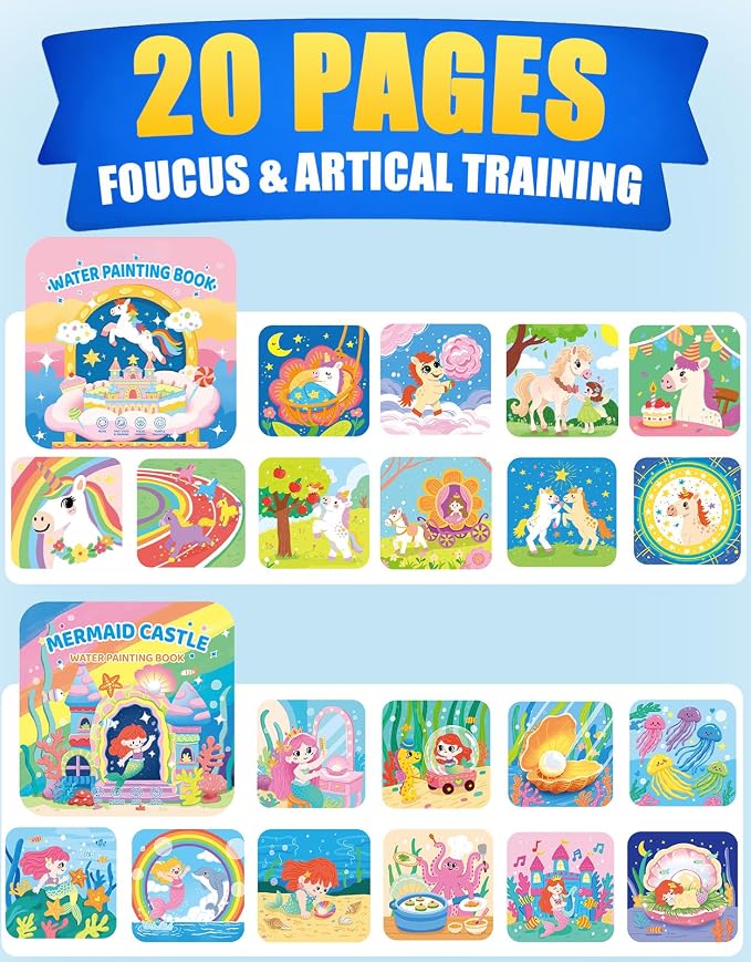 KONLE Reusable Water Painting Books, 20 Pages Mermaid&Pony Coloring Books | Mess Free Coloring Book for Toddlers 1-3, Travel Gift for Boys & Girls, Educational Art Activity, Montessori Art