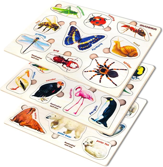 Wooden Puzzles for Toddlers 1-3 - 3 Montessori Kids Puzzles Ages 2-4 | Realistic Wood Puzzle for Toddlers 3-5 Boy and Girl - Learning Insects, Arctic Animals and Birds for Children