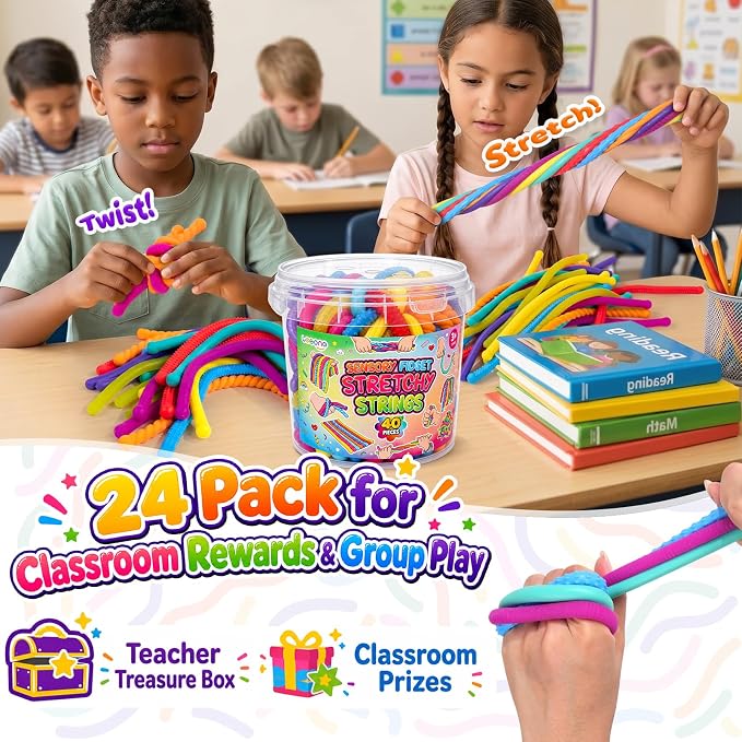 Fidget Sensory Stretchy Toys for Kids, 24-Pack Textured Stretch Noodles with Storage Bucket, Sensory Toys for Autism Stress Relief, Quiet Calm Down Gifts for Classroom Prizes Party Favors, Travel Toys
