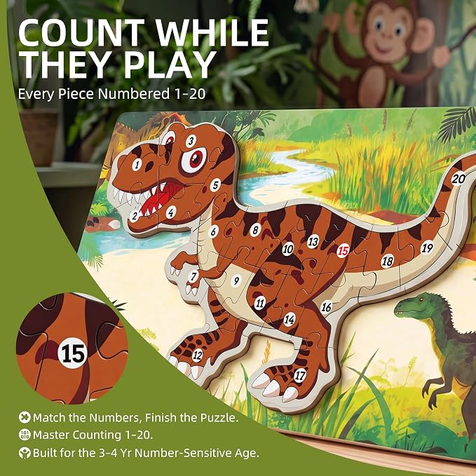 3 Pack 15.7"×8.9" Extra-Large Dinosaur Wooden Puzzle for Toddlers Age 3-5 | XL 3D Wooden Puzzle, Learn Numbers 1-20, Vivid UV Print, Non-Toxic Paint, CPC Certified, T-Rex Stegosaurus Triceratops