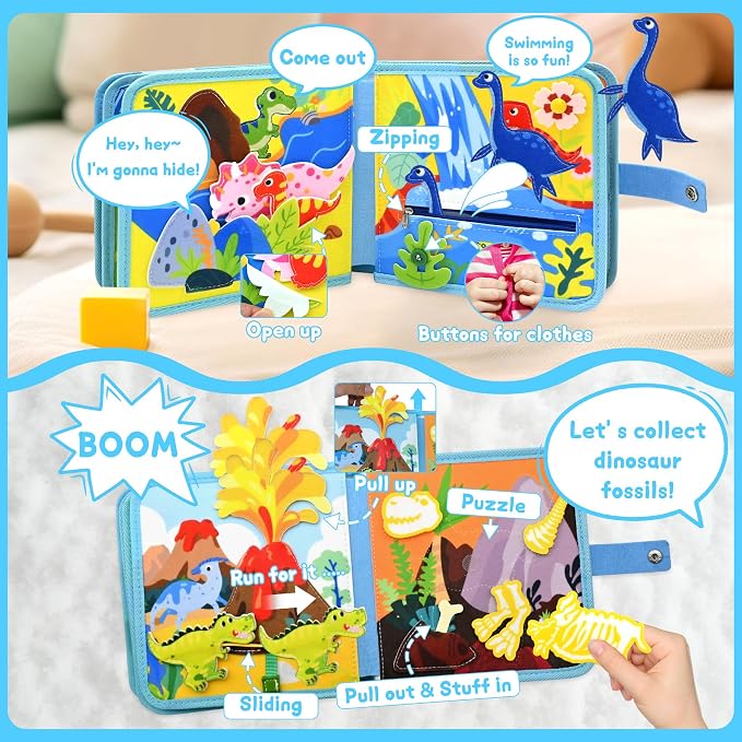 Dinosaur Educational Book for Toddlers 1-3, Montessori Quiet Toy & Busy Board for Kids, Travel Toys with Life Skills & Educational Games for Boys and Girls