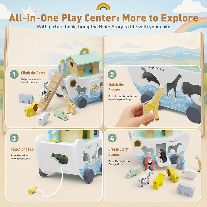 GiggleGems Noah's Ark Wooden Toy - All-in-1 Push Pull Shape Sorter for Toddlers - Montessori Animal Matching Set - Baptism Christening Gift for Birthday, Religious Toys for Boys Girls (18M+)
