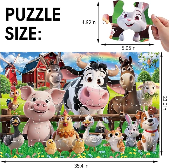 Jumbo Floor Puzzle for Kids,48 Piece Farm Animals Jigsaw Puzzle Ages 3-8 | Animal Theme,Extra-Large Thick Pieces Fit Little Hands,35x24 in Completed,Preschool Educational Gift for Boys and Girls