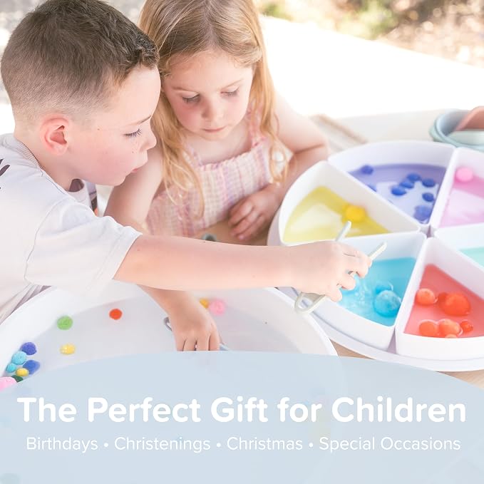 Starter Bundle | Sensory Bin with Lid | Tuff Tray Accessories | Sensory Bin and Lid | Includes 1 PlayTRAY, 6 Compartments, Activity Cards, Bowl, Mini Scoop, Dropper