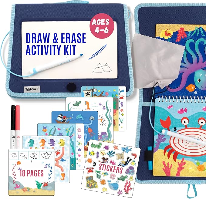 Totebook Kids Travel Activity Kit with Tethered Dry Erase Markers - Mess Free Car & Plane Activities for Toddlers Ages 4-6, Reusable Stickers, Mazes, Search and Find (Ocean Theme)