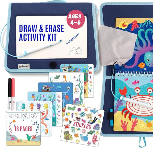 Totebook Kids Travel Activity Kit with Tethered Dry Erase Markers - Mess Free Car & Plane Activities for Toddlers Ages 4-6, Reusable Stickers, Mazes, Search and Find (Ocean Theme)