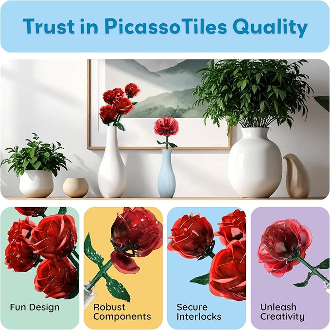 PicassoTiles Red Stem Rose Building 45pc Set With Magnetic Hold Piece Creative Hands-On Play Discovery Activity Kit Room Decor Gifts For Mother’s Day Present Display Flower Boys Girls Kid Age 3+ PBS20