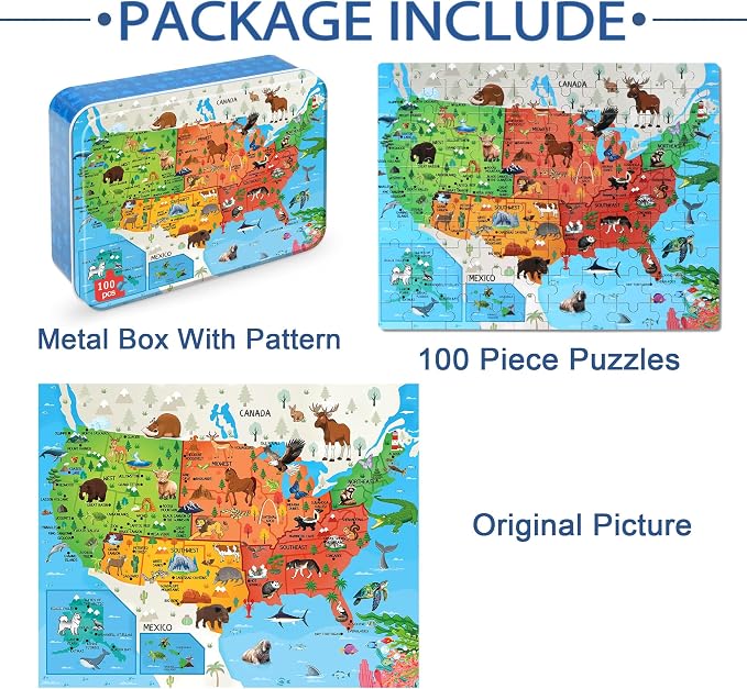 LELEMON United States Puzzles for Kids Ages 4-8,100 Pieces USA Fun America Animal Map Learning Educational Toys for Boys Girls