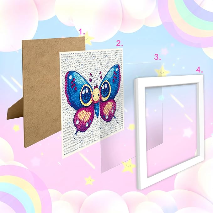 Reofrey Diamond Art Kits for Kids with Frame, 5D DIY Butterflies Diamond Painting Kits, Arts Crafts Gift for Girls & Boys Ages 4,5,6,7,8,9,10,11,12, Creative Educational Toy for Beginners (7x7 Inch)