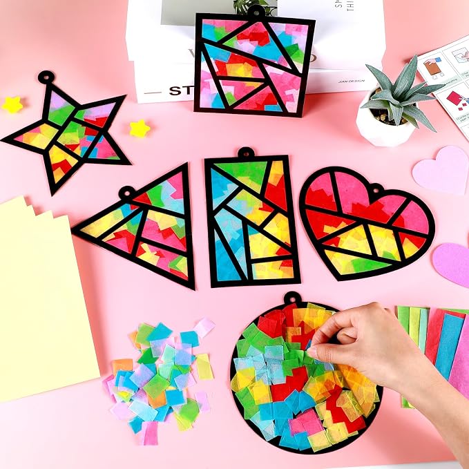 Qyeahkj 36 Set Geometric Shapes Suncatcher Crafts for DIY Star Window Tissue Paper Craft Kit Triangle Heart Hanging Decor for Summer Home Activity Art Project Birthday Party Favor Gift