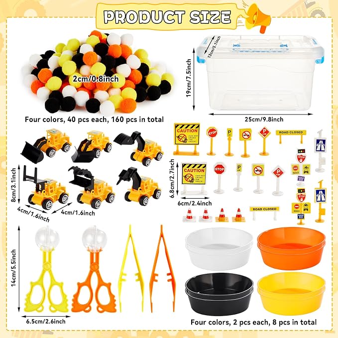 OBUSATT 200 Pcs Construction Sensory Bin Filler Toys with Storage Box - Fine Motor Counting Sorting Set Montessori Traffic Signs Pompoms Vehicles Educational Activities for Kids Toddlers Preschool