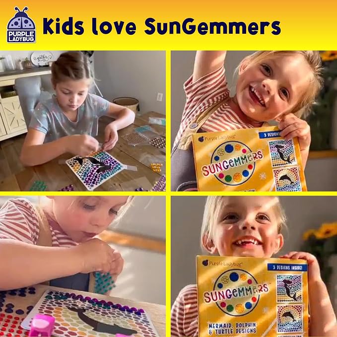 SunGemmers Suncatcher Kit for Kids Ages 5+, Peel & Stick Diamond Gem Art | Mess-Free Window Art Kit for Kids, Screen-Free Activity, Birthday Gifts for Girls, 3 Designs Summer Crafts