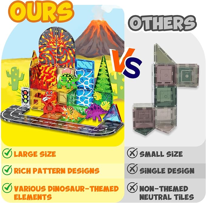 Magnetic Tiles with 4 Dinosaur Toys - Dino Magnet Tiles for Kids, Magnetic Building Blocks for Boys Girls Ages 3+, Sensory Toddler Creative Games Birthdays Gifts