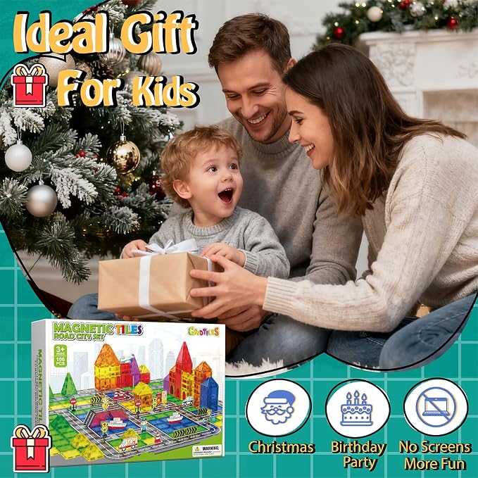 106Pcs Christmas Magnetic Tiles, Magnetic Building Blocks, Preschool Montessori Toys Gift for 3+ Year Old Boys and Girls, Sensory Toys for Kids Aged 3-5 and 4-8, Ideas for Toddler with Autism