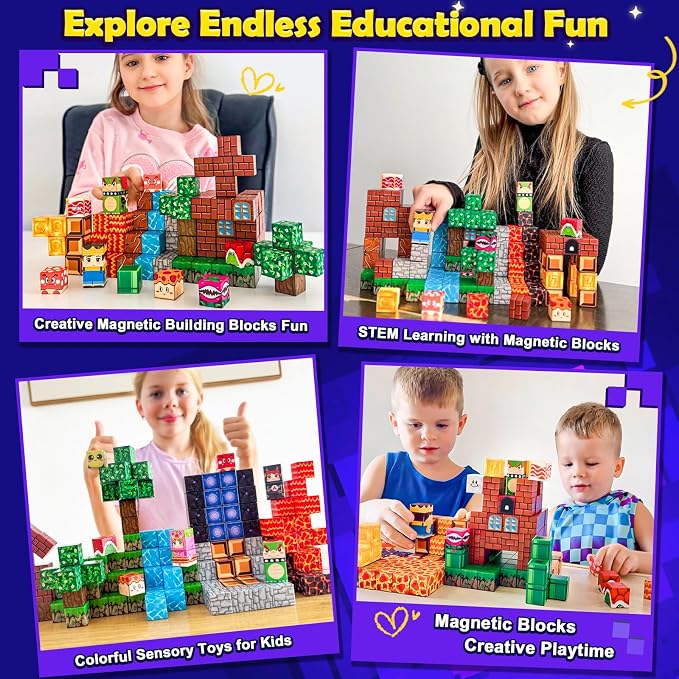 200PCS Magnetic Blocks Educational Toys for Kids Ages 3-5 4-8 3-12 Gifts | Build Mine Magnet World, STEM Sensory Stacking Toys for Kids Birthday, Back to School Gifts
