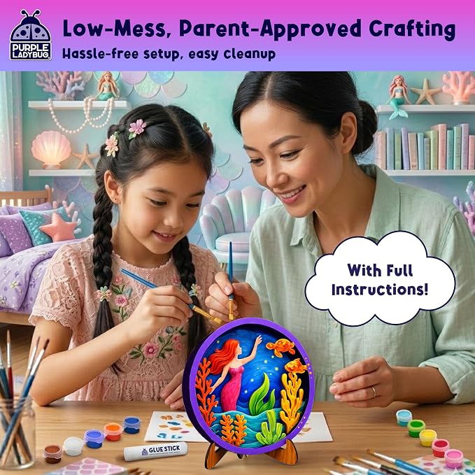 Mermaid 3D Painting Kit - Wooden Painting Crafts for Kids - Craft Kits for Girls Ages 8-12, DIY Crafts Paint Set Art Projects - Arts and Crafts for Girl 6 7 9 11 - Girls Birthday Gifts Age 8-10