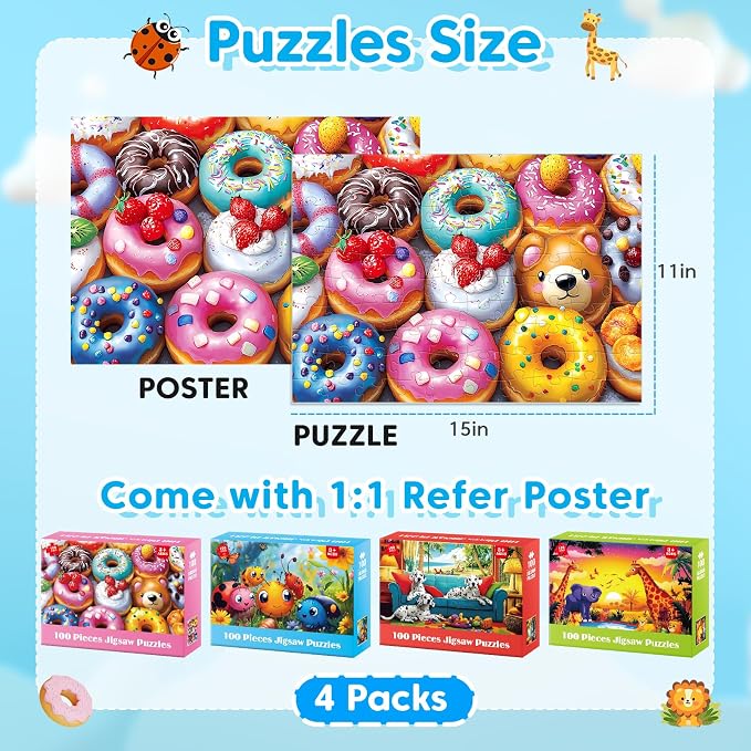 4 Packs 100 Piece Puzzles for Kids Ages 4-6 6-8 8-10, Cute Donuts & Insects & Dalmatians & Animals Educational Jigsaw Puzzles, Birthday Xmas Gifts for Boys Girls Teens Adults Kids Puzzles 4-6 5-8