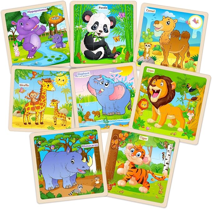 Wooden Puzzles for Toddlers Ages 2-4, 8 Pack 9 Pcs Kids Jigsaw Puzzles Set for Ages 3-5, Educational Learning Toys Gift for 3 4 5 Year Old Boys Girls, Cute Preschool Animal Patterns