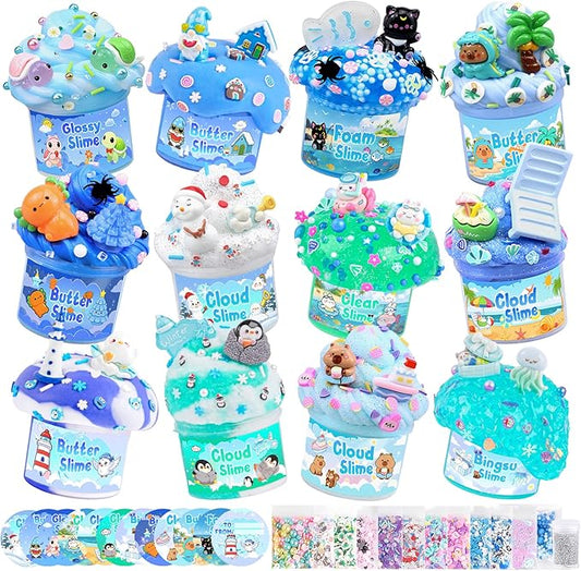 12-Pack Blue Slime Kit for Kids, Clear Butter Cloud Squishy Party Favor Set | Goodie bag stuffers, Easter basket fillers, birthday party favors and sensory slime toys for boys and girls ages 4-10