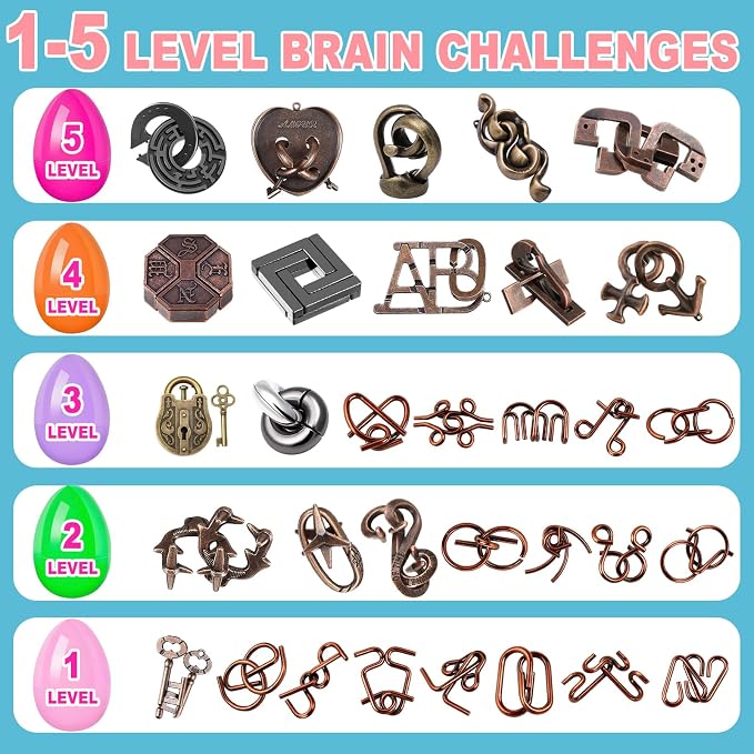 32 Pack Brain Teaser Puzzles & Colorful Easter Eggs - Challenging Metal Wire Puzzles for Kids & Adults - DIY Easter Basket Stuffers, Family Logic Games, Party Favors
