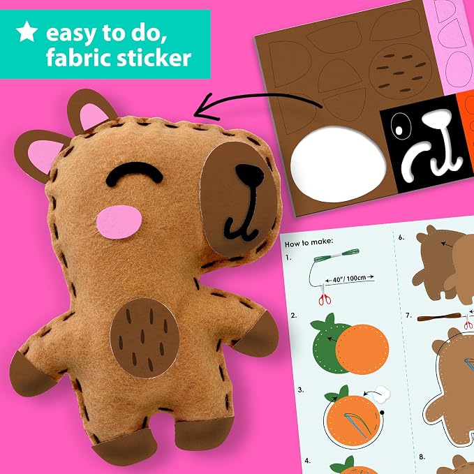 KRAFUN Beginner Sewing Kit, Sew Capybara & Orange, Pre-Cut Felt, Ages 5+ | Beginner Sewing Kit: Sew 2 Plushies, Capybara & Orange. Pre-Cut, Pre-Punched Felt, No Scissors. Safe Plastic Needle for Kids