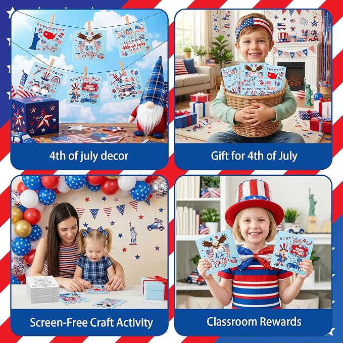 Fennoral 24 Pack 4th of July Patriotic Puzzle Craft Kit for Kids | Color Your Own jigsaw puzzle with base, 4.7‑inch, DIY Independence Day art, classroom activity, party favor supplies