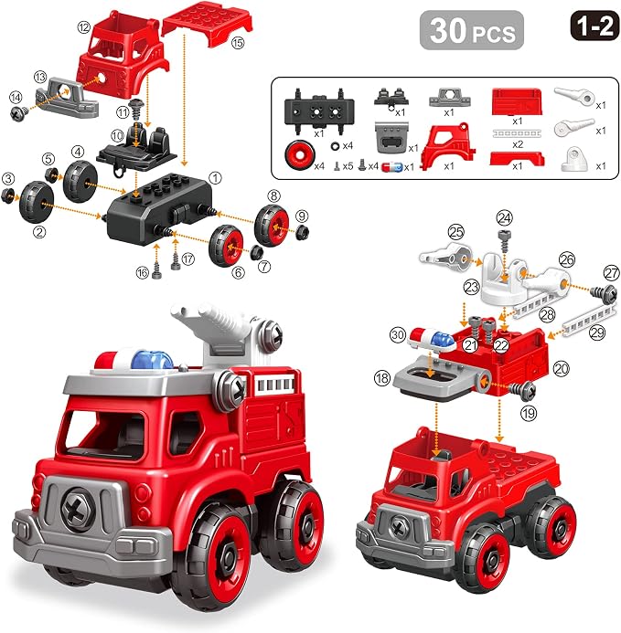 4-in-1 Take Apart Toys Truck with Electric Drill, DIY Assembly Fire Truck | Toy Vehicles, Kids STEM Building Educational Cars Toys, Birthday Gifts for Age 3 4 5 6 7 8 Years Old Boys Girls