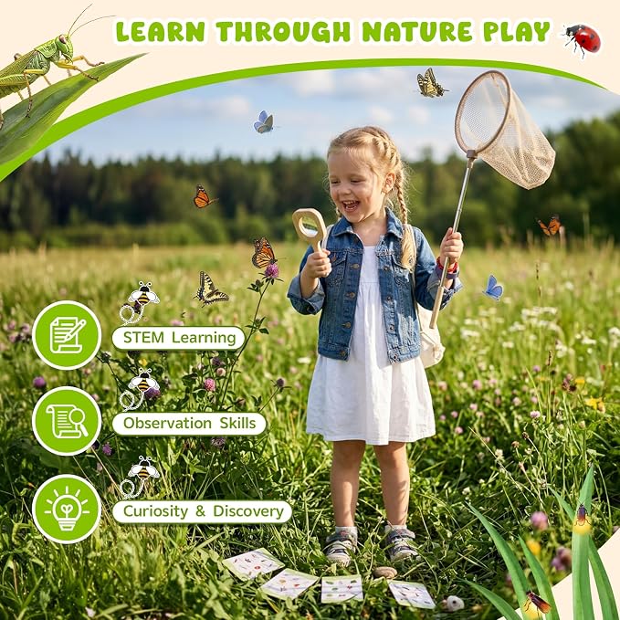 GAGAKU Wooden Bug Catcher Kit for Kids 4-8, 9PCS Outdoor Nature Exploration Set with Expandable Butterfly Net, Magnifying Glass, STEM Learning Game Cards, Educational Catching Toy for Backyard Camping
