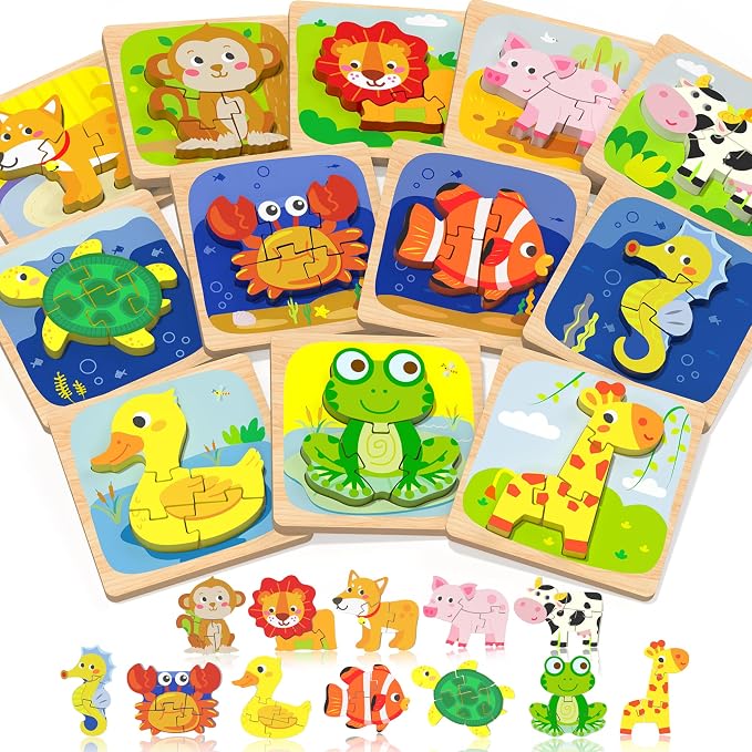 Benresive Wooden Toddler Puzzles, Montessori Toddler Toys for 1 2 Year Old | 12 Pcs Puzzles, 1 2 3 Year Old Girl Boy Great Gifts, Learning Educational Preschool Bolck Toys for 1 2 3 Year Old