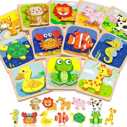 Benresive Wooden Toddler Puzzles, Montessori Toddler Toys for 1 2 Year Old | 12 Pcs Puzzles, 1 2 3 Year Old Girl Boy Great Gifts, Learning Educational Preschool Bolck Toys for 1 2 3 Year Old