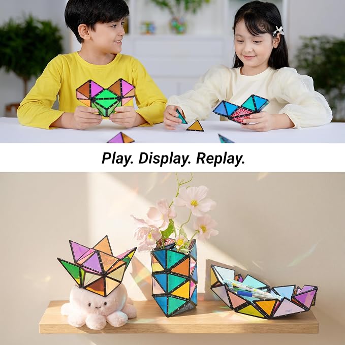TOSY Magnet Pyramid Stone - 1 Cube Transforms into 1 Billion Shapes, 12 Pieces, 243 Rare Earth Magnets, Holographic Design Magnet Tiles Creative Puzzle STEM/STEAM Toy