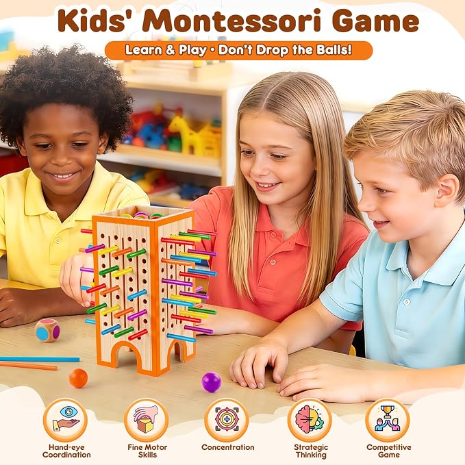 Montessori Board Game for Kids 4-6, 42 Colorful Wooden Sticks Dice Game with 12 Balls, Math & Counting Educational Toy for 3 4 5 6 Year Olds, Fine Motor Skills, Classic Table Game for Family Night