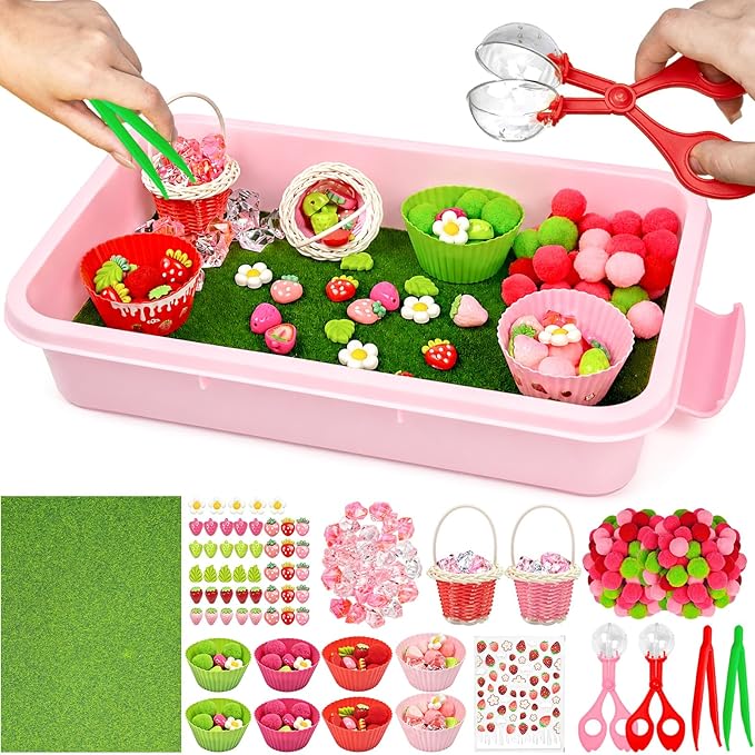Cinrobiye 192 Pcs Strawberry Theme Activity Fillers Set with Storage Box, Summer Fruit Accessories, Artificial Grass Mat, Flowers, Pompoms & Decorative Materials for Classroom Activities, Home Project