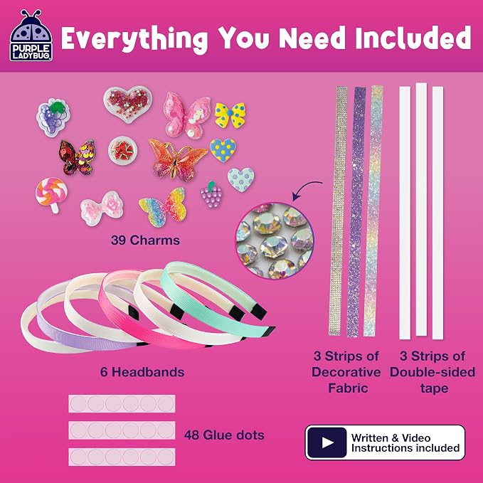 Glamour Headband Making Kit for Girls Ages 5+, Mess-Free Playdate Activity | DIY Craft Kit with 6 Satin Headbands for Girls, Easy to Make, Screen-Free Activity, Birthday Gifts for 5 Years Old Girls