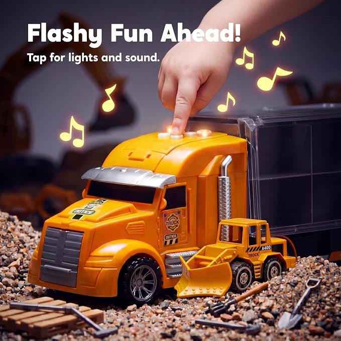 JOYIN 25-in-1 Construction Truck Toy Set with 12 Vehicles & 12 Worker Figures, Push and Go Toy Trucks with Sound and Light, Construction Toys Birthday Gifts for Kids 3 4 5 6 7 Years Old