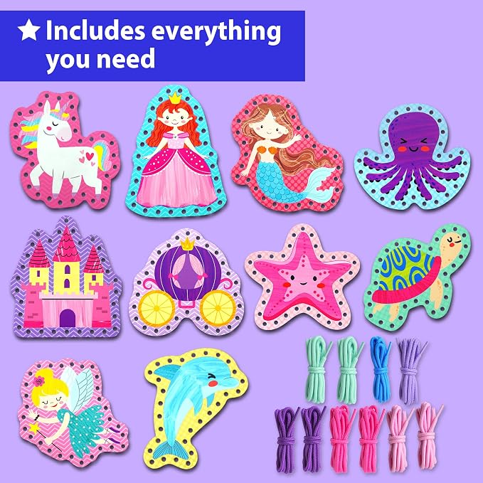 KRAFUN Princess, Unicorn & Mermaid Lacing Cards Age 3+ | 10 Projects | 10 princess, unicorn & mermaid cards. Castle, Fairy, Crown, Seahorse & Starfish. Builds fine motor skills in girls