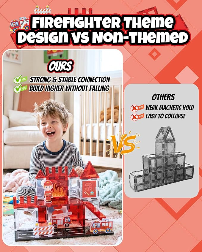 Large Magnetic Tiles for Kids, STEM Toys Building Set, Age 3+,37 Piece | Fire Rescue Magnetic Tiles Building Blocks with Rescue Scene Pieces, Firefighter Elements, Ideal Gift for Boys and Girls