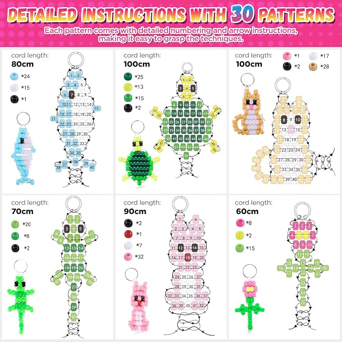 Beads for Crafts, Pony Beads Keychain Making Kit, Bead Pets for Kids Girls | Funtopia Bracelet Making kit Beaded Animal Set Birthday Party DIY Art Crafts for Girls Boys Beginners(1500 Bead, 30 Designs)