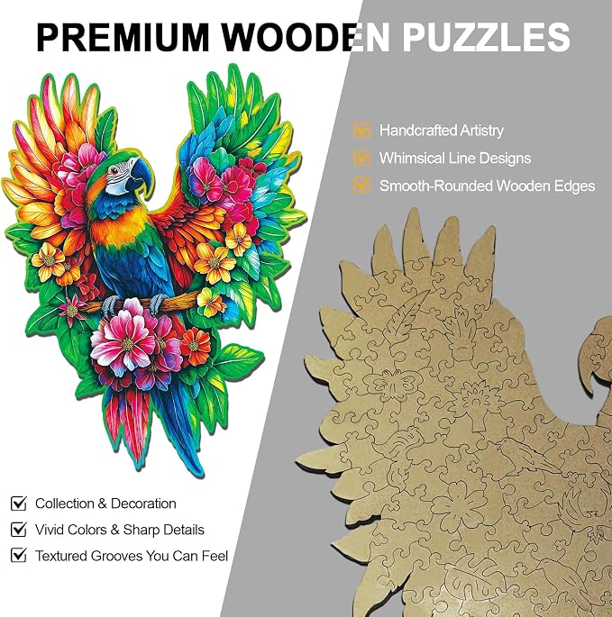 Wooden Puzzles for Adults Floral-Winged Parrot Puzzle - Laser-Cut Unique Shaped Stress Relief Jigsaw Puzzle, Wall Art Home Decor Gift for Family, Christmas Thanksgiving Gifts (14.9"×11.1" 200pcs)