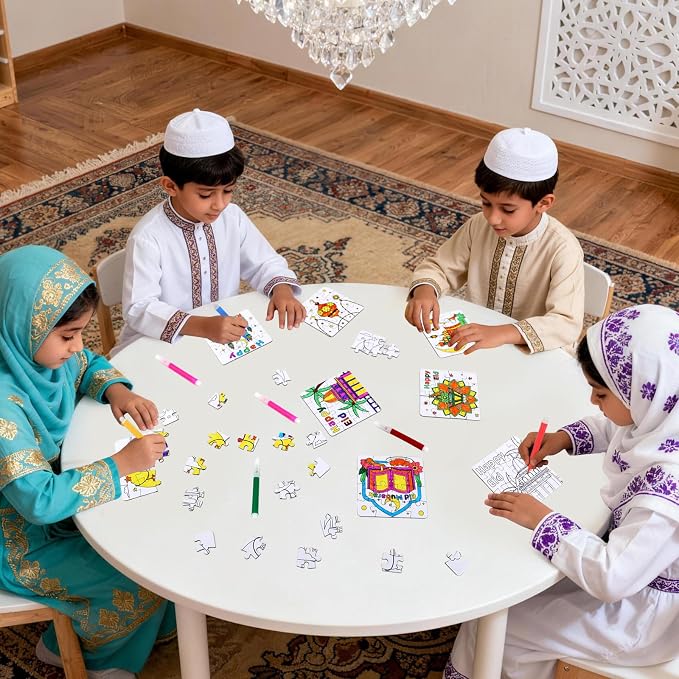 24 Pcs Ramadan Crafts for Kids, Eid Mubarak Arts and Crafts DIY Puzzle with Lanterns, Stars, Masjid, Moon, Castles, Ramadan Eid Activities Painting Kits for Islamic Gifts Party Favors & Goodies Bulk
