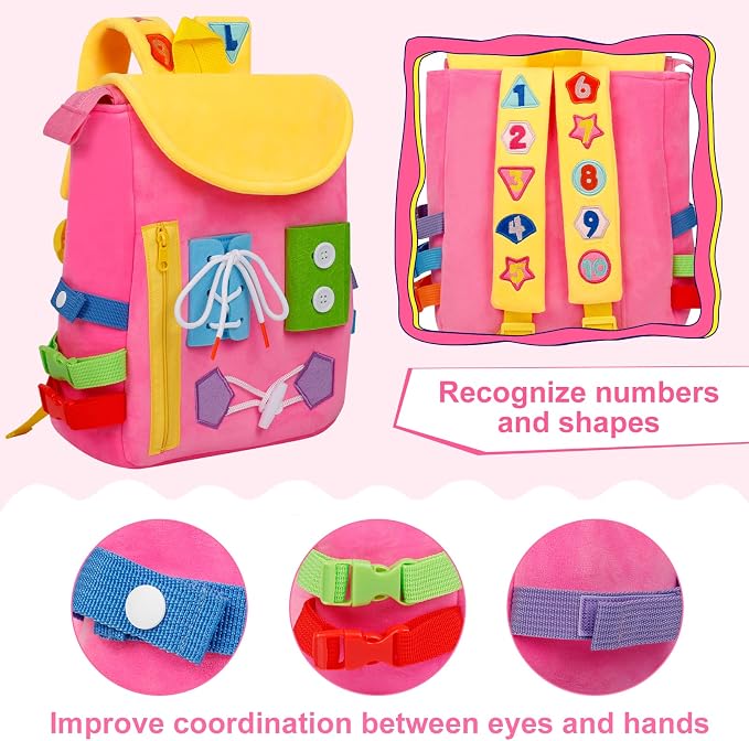 Busy Board - Toddler Backpack with Buckles and Learning Activity Toys - Develop Fine Motor Skills and Basic Life Skills - Learn to Tie Shoes - Children's Travel Toy (Pink)