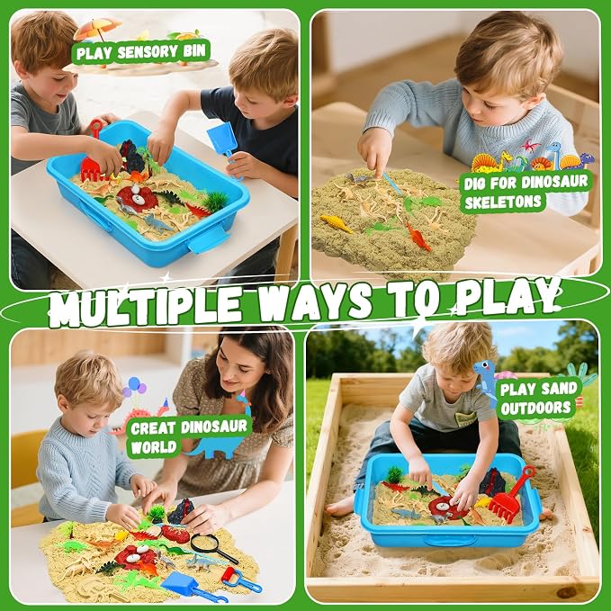 Dinosaur Sensory Sand Kit, Lidded Sand Bin, Dinosaur Toys for Kids | Magic Sand & Archaeology Tools, STEM Montessori Dinosaur Sensory Toys, Arts & Crafts for Kids 3-8, Christmas & Birthday Gifts