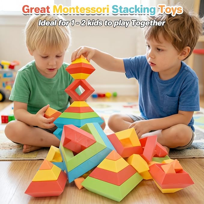 32-Piece Building Blocks Set, Montessori Pyramid Stacking Toys for Kids | STEM Preschool Learning Activities, Educational Manipulative Toys, Ideal Gifts for Toddlers Boys Girls 3 4 5 6 Year Old