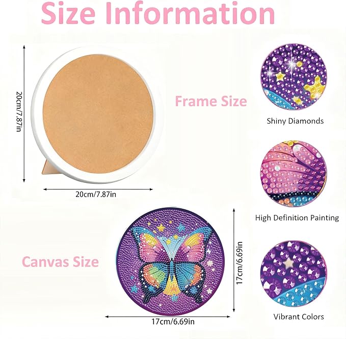 Gemozaic Butterfly Diamond Art Kits for Kids Ages 6-8-12, Round Frame, 8x8 | Cute Animal Diamond Art for Kids 6 8 9 10 12 Year Old, Easy Kid Big Gem Painting, DIY Arts and Crafts for Girl Birthday Gift