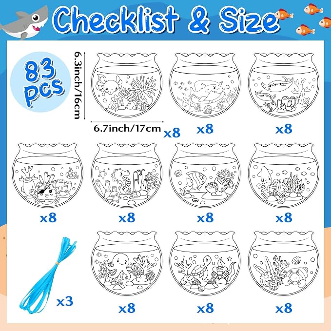 ANGOLIO Summer Fishbowl Craft Kits - 83Pcs DIY Coloring Sea Animal Ornament | Ocean Themed Paper Ornament Set, Ocean Fish Coloring Activities, Classroom Reward Party Favors, Hanging Décor For Kids Room